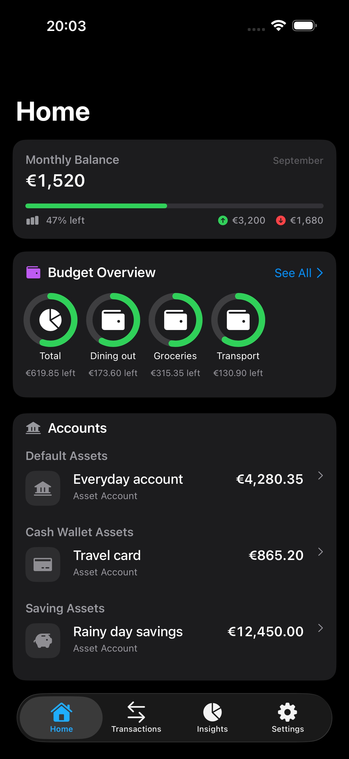 Glowbug home screen with monthly balance, budgets, and accounts