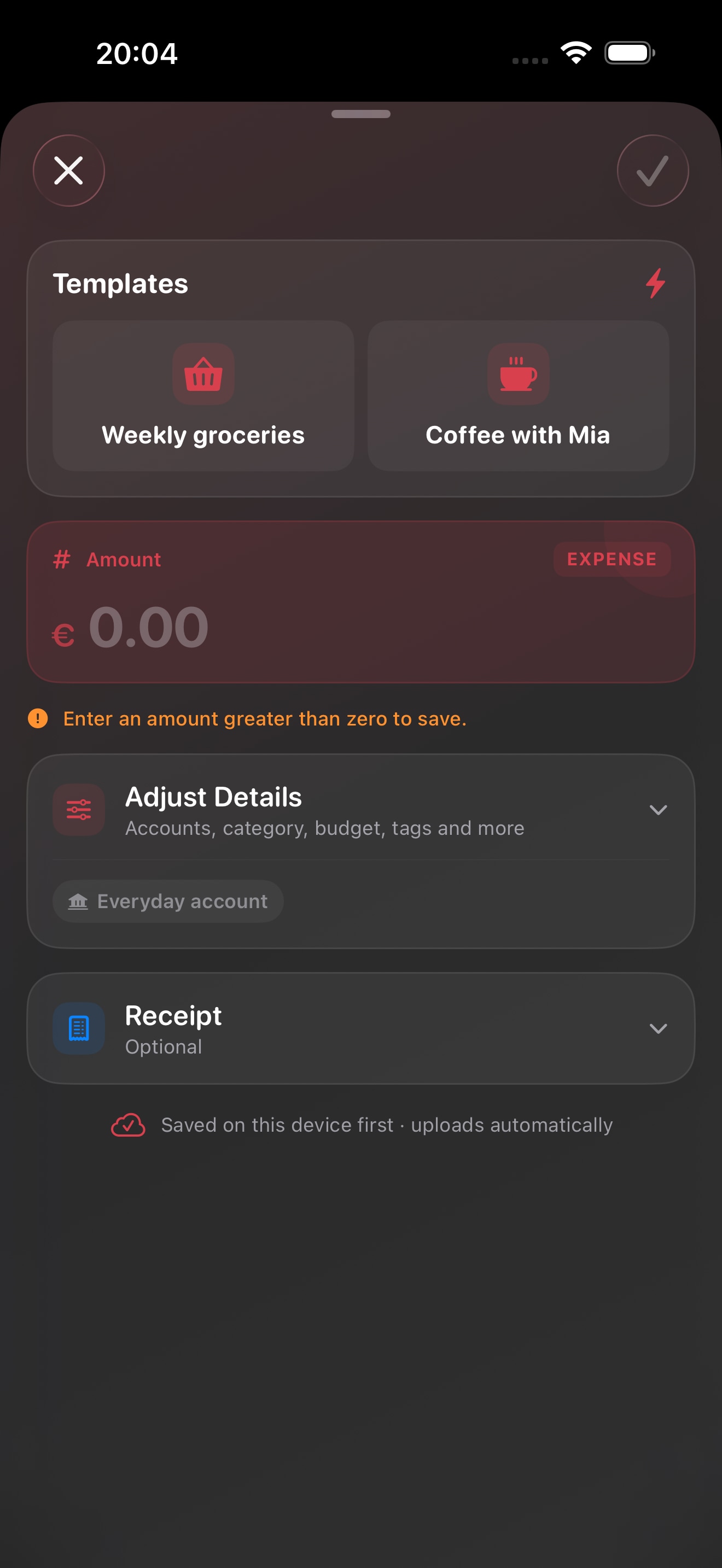 Glowbug Quick Capture sheet for creating a transaction