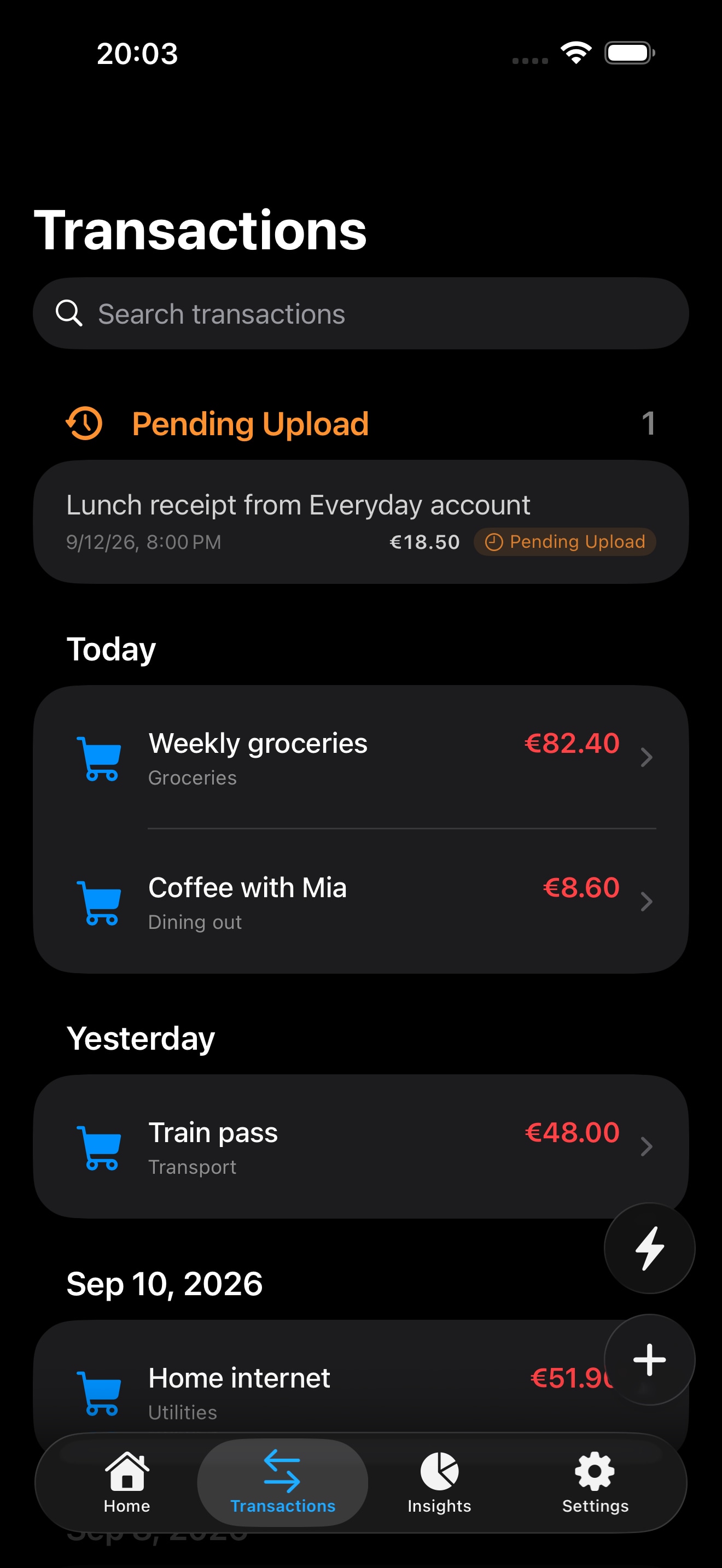 Glowbug transaction history with categories and amounts